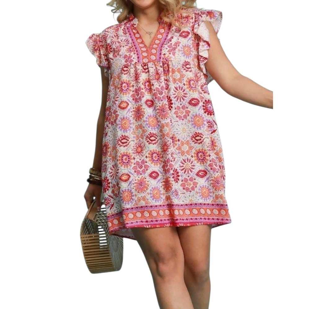 Umgee Floral Sunny Days Babydoll Mini Dress Pink Mix Flutter Sleeve Boho - Picture 2 of 11